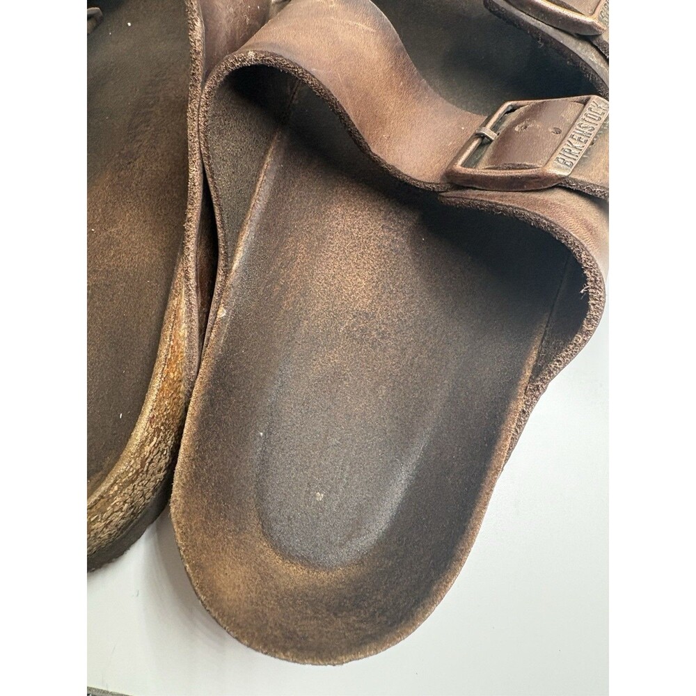 Birkenstock Arizona Sandals Mens 40 Brown Leather Two Strap Cork Footbed Slip On - Picture 10 of 10